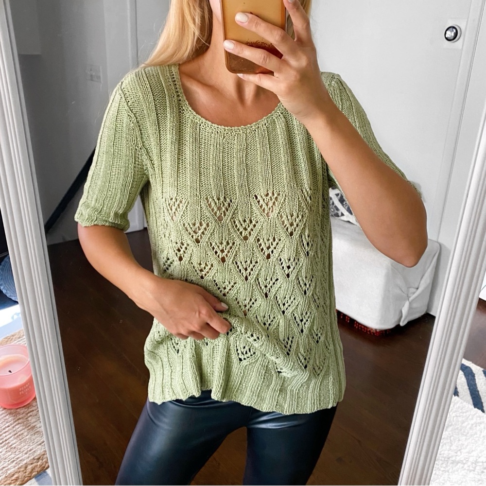 🌿 CASUAL GREEN CROCHET KNIT SHIRT SLEEVE TOP!